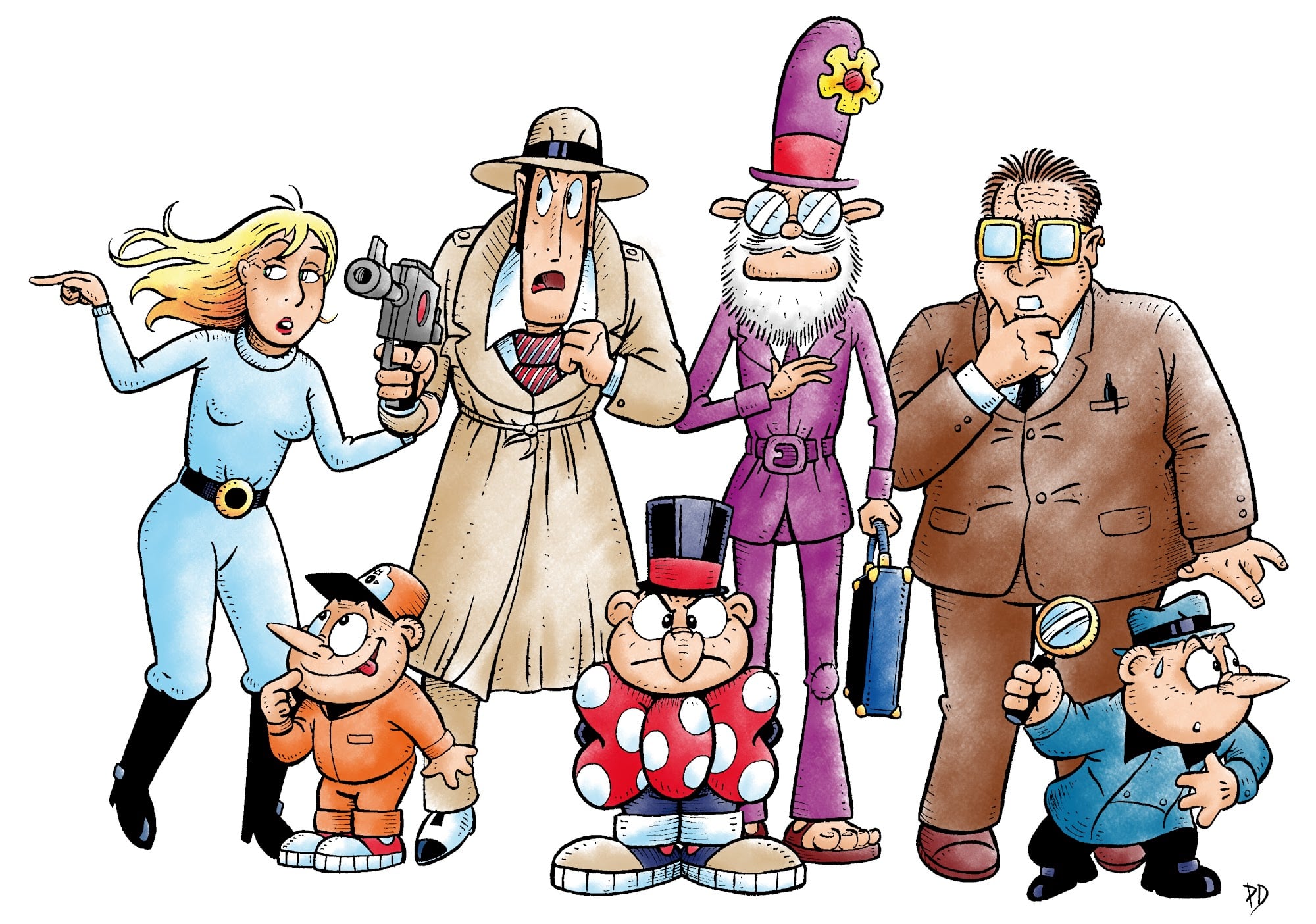 Bagsiden til “Den usynlige fjende”:Olivia (Buddy Berts veninde), Buddy Bert (Privatdetektiv & agent i “Organisationen”, Statens Sikkerhedstjeneste), Chefen (med top hat og butterfly), Professor Vox Maule (med høj hat og blomst), Dr. Geersinger (ven og medhjælper i Organisationen). Derudover ses to af Chefens ens udseende folk.